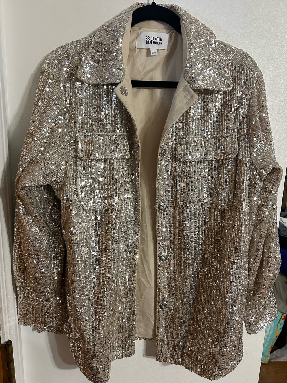 BB Dakota by Steve Madden Sparkling Sequin Jacket in Champagne Gold